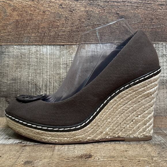 Tory Burch Jackie Brown Canvas Espadrille Wedge Peep Toe Heels Shoes Size 9.5 - Picture 4 of 12
